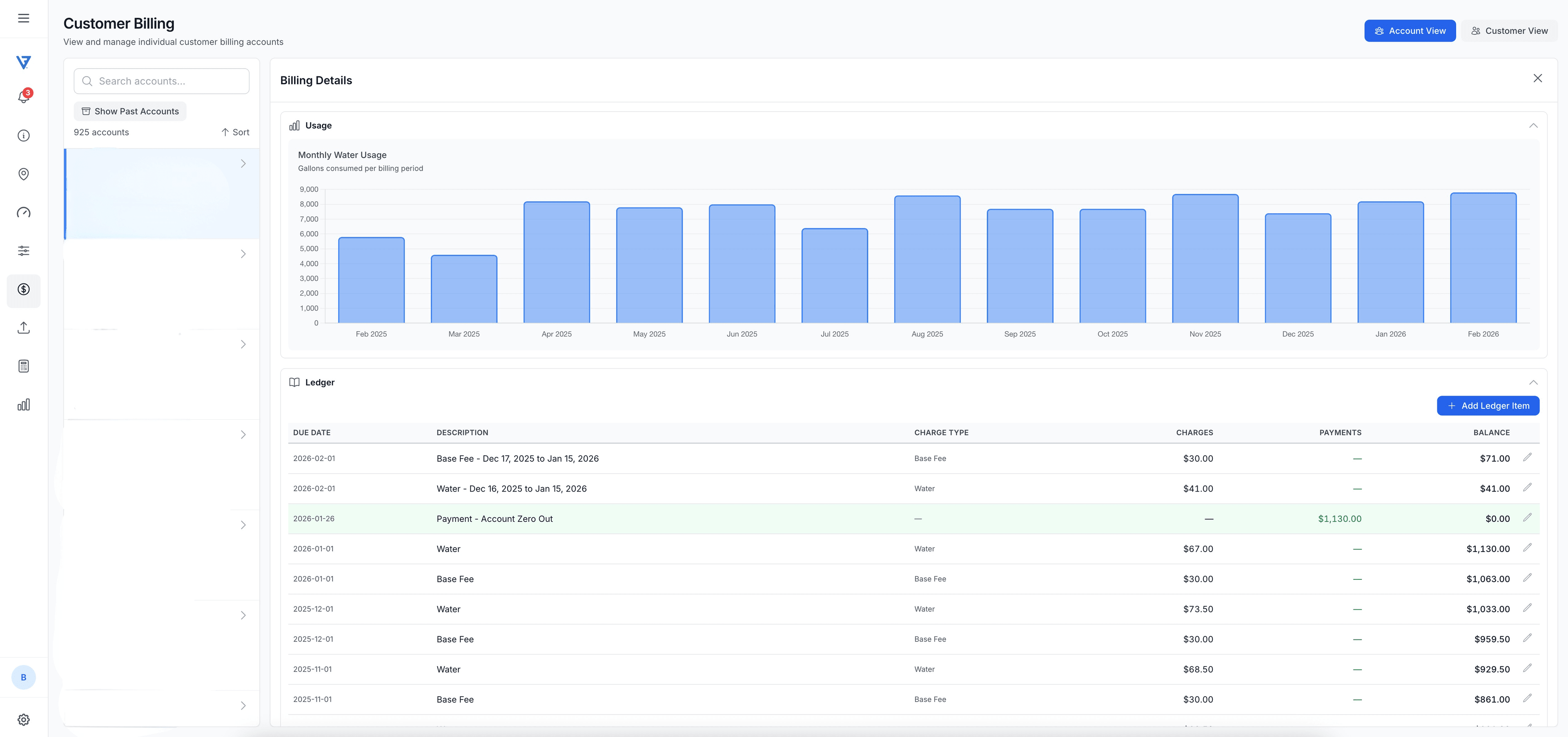 Valiflo Customer Billing screen showing account list and billing ledger